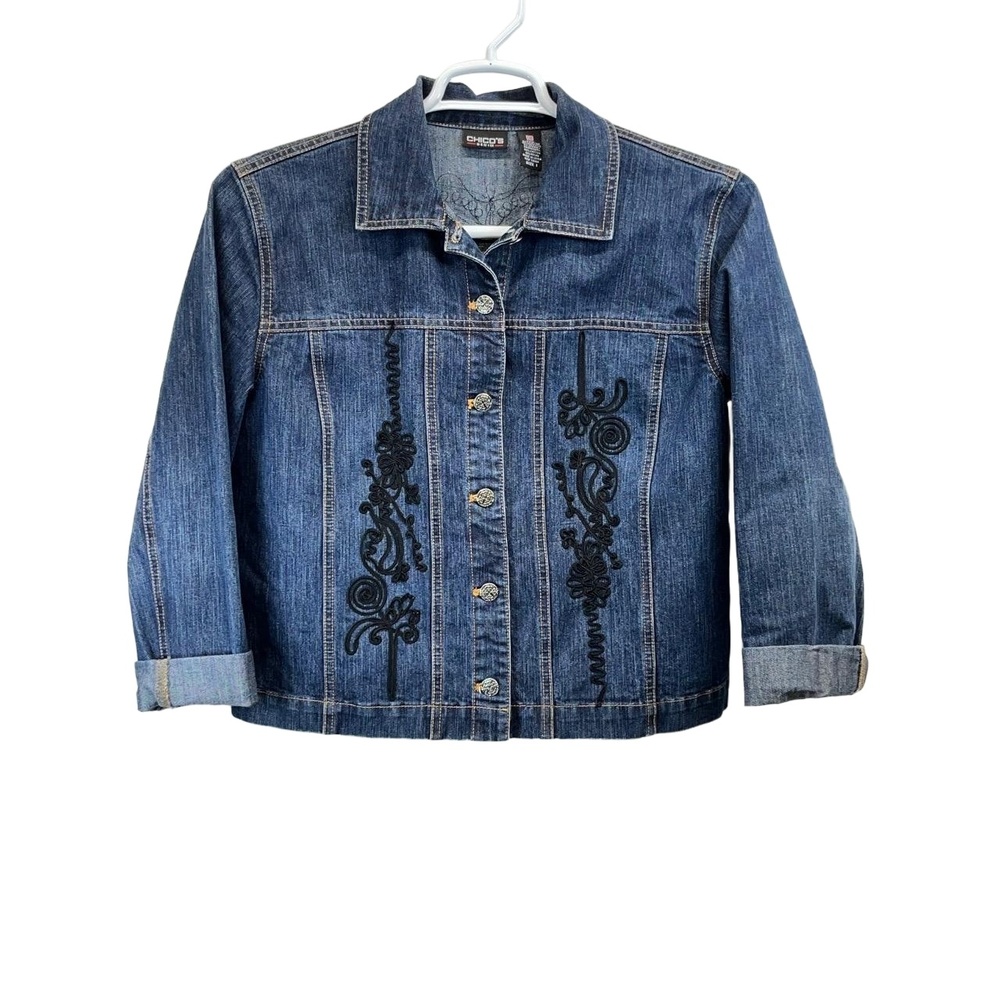 Chico's Denim Women's Blue Button Up Black Floral Embroidered Jean Jacket Size 1